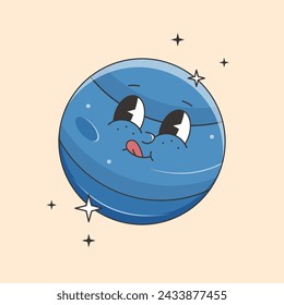 Planet Neptune character in groovy style. Vector illustration