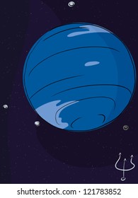 The planet Neptune with four of its largest moons