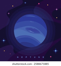 The planet Neptune visible in the dark night sky, adorned with a scattering of stars, emphasizing its striking blue appearance.