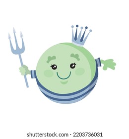 planet neptune in a white-blue vest with a crown on his head and with a trident in his hands, cartoon illustration, isolated object on a white background, vector, eps