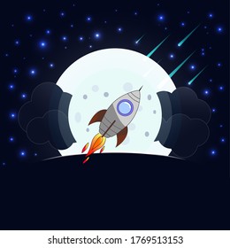 planet in the night star fall clouds with a flying rocket