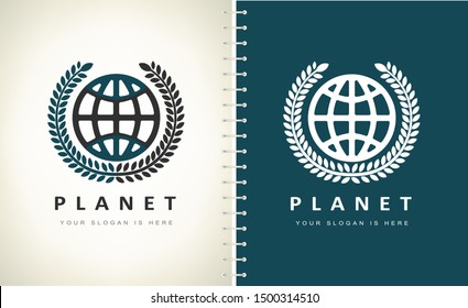 planet and olive wreath logo vector.