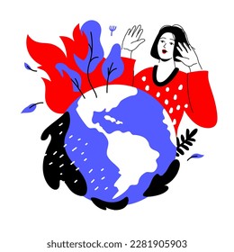 The planet is on fire - colorful flat design style illustration with linear elements. Red and blue colored composition with natural disaster. Girl in horror, forest disaster, the flames are spreading