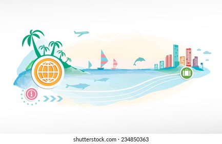 Planet on travel background. Seaside view poster. 