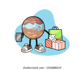 Planet online shopping cartoon. Mascot Character vector.