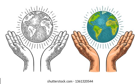 Planet in open female human palms. For Earth Day. Vector black vintage engraving illustration isolated on a white background. For web, poster, info graphic