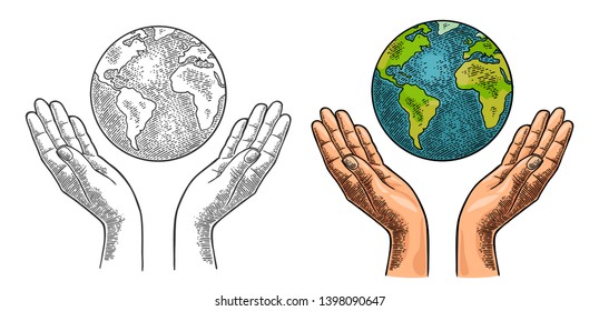 Planet In Open Female Human Palms. Vector Black Vintage Engraving Illustration Isolated On A White Background. For Poster Earth Day.