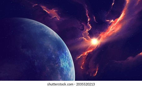 Planet orbit around the luminous sun. Abstract vector technology astronomical background.