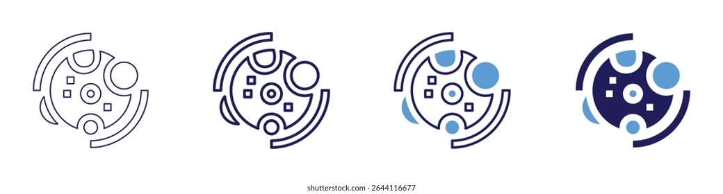Icono de órbita del planeta en 4 estilos diferentes. Línea delgada, línea, línea en negrita, duotono. Estilo duotono. Trazo editable.