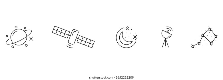 Planeta órbita satélite crescente noite sinal constelação galáxia ciência exploração estrela linha astronomia sistema cósmico ícone vetor ilustração.