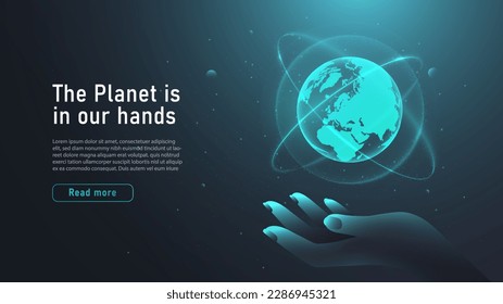 Planet in our hands. Caring for ecology and environment. motivational poster or banner. Volunteer and activist holding globe. Digital image of Earth. Cartoon isometric vector illustration