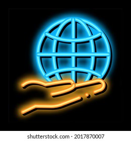 planet in our hands neon light sign vector. Glowing bright icon planet in our hands sign. transparent symbol illustration