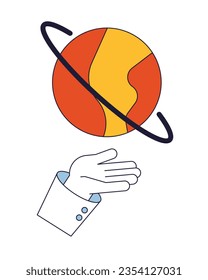 Planet over hand flat line color isolated vector object. Planetary ring. Editable clip art image on white background. Simple outline cartoon spot illustration for web design