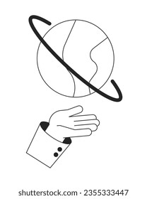 Planet over hand flat monochrome isolated vector object. Planetary ring. Editable black and white line art drawing. Simple outline spot illustration for web graphic design