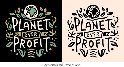 Ilustración del Día de la Tierra con letras de interés sobre el planeta. Concepto sostenible ecológico. Elementos naturales dibujando a mano placa redonda vector minimalista. Productos imprimibles para activistas del cambio climático.