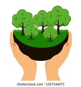 Planet in the palms. Ecology. Clean planet. Ecological solutions. Flat design. Vector illustration