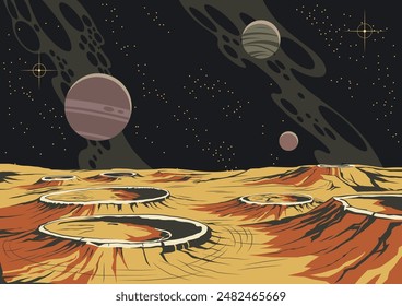 Panorama Planetario, Superficie Planetaria, Cráteres, Fondo del Espacio Profundo, Cuerpos Celestes, Ilustración del Universo, Plantilla de Vector para Carteles Cósmicos, Cubiertas