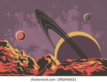 Panorama Planetario, Superficie Planetaria, Cráteres, Fondo del Espacio Profundo, Cuerpos Celestes, Ilustración del Universo, Plantilla de Vector para Carteles Cósmicos, Cubiertas