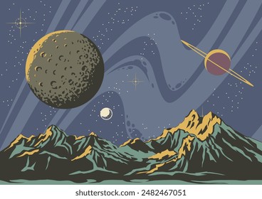 Panorama Planetario, Superficie Planetaria, Cráteres, Fondo del Espacio Profundo, Cuerpos Celestes, Ilustración del Universo, Plantilla de Vector para Carteles Cósmicos, Cubiertas