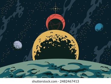 Planet Panorama, Planetary Surface, Craters, Deep Space Background, Celestial Bodies, Universe Illustration, Vector Template for Cosmic Posters, Covers