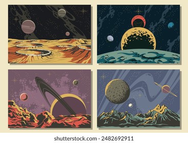 Planet Panoramas, Planetary Surfaces, Craters, Deep Space Backgrounds, Celestial Bodies, Universe Illustrations, Vector Templates for Cosmic Posters, Covers