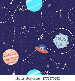 Planet pattern with constellations and stars. Alien spaceship travel. Cute design for kids fabric and wrapping paper. Bright childish tile. Hand drawn funny planet pattern.