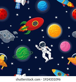 Planet Pattern With Constellations And Stars. Astronaut With Rocket And Alien In The Open Space Cute Design For Kids Fabric And Wrapping Paper. Flat Cartoon Style Funny Planet Pattern.