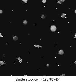 Planet pattern with constellations and stars. Astronaut with rocket and alien in the open space Cute design for kids fabric and wrapping paper. Flat cartoon style funny planet pattern.
