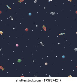 Planet pattern with constellations and stars. Astronaut with rocket and alien in the open space Cute design for kids fabric and wrapping paper. Flat cartoon style funny planet pattern.