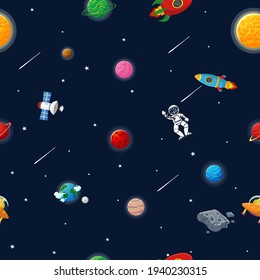 Planet pattern with constellations and stars. Astronaut with rocket and alien in the open space Cute design for kids fabric and wrapping paper. Flat cartoon style funny planet pattern.