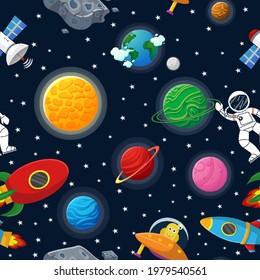 Planet pattern with constellations and stars. Astronaut with rocket and alien in the open space Cute design for kids fabric and wrapping paper. Flat cartoon style funny planet pattern.