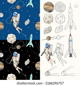 Planet pattern with constellations and stars. Astronaut with rocket in the open space Cute