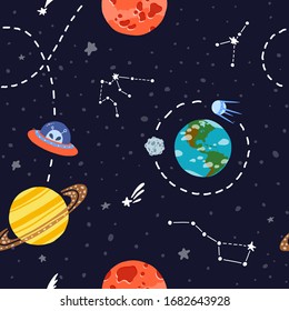 Planet pattern with constellations and stars. Cute design for kids fabric and wrapping paper. Alien spaceship travel. Bright childish tile. Hand drawn funny planet pattern.