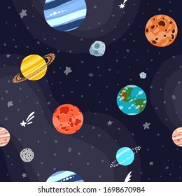 Planet pattern with constellations and stars. Cute design for kids fabric and wrapping paper. Bright childish tile. Solar system planets repeated tile. Hand drawn funny planet pattern.