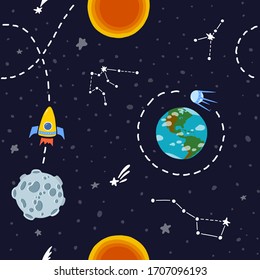 Planet pattern with constellations and stars. Cute design for kids fabric and wrapping paper. Bright childish tile. Rocket space travel. Hand drawn funny planet pattern.