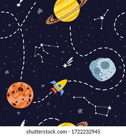 Planet pattern with constellations and stars. Cute design for kids fabric and wrapping paper. Bright childish tile. Rocket space travel. Hand drawn funny planet pattern.