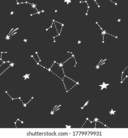 Planet pattern with constellations and stars. Cute design for kids fabric and wrapping paper. Bright childish tile. Constellations on dark night sky. Hand drawn funny planet pattern.