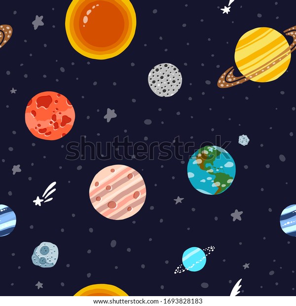 Planet pattern with constellations and stars.\
Solar system planets repeated tile. Cute design for kids fabric and\
wrapping paper. Bright childish tile. Hand drawn funny planet\
pattern.