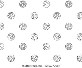 Planet pattern, on a transparent background. Planets, space, print for textiles. Doodle illustration, vector graphics.