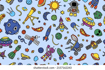 Patrón planetario con naves espaciales y estrellas. Astronauta con cohete y alienígena, cometa, robot. Diseño perfecto para los niños. divertidos patrones de viaje de planeta y espacio.
