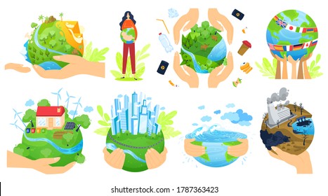 Planeta en la gente mano conjunto de ilustración vectorial. Caricatura de brazos humanos llanos sostienen el globo verde, salvan la ecología del planeta Tierra para una mejor calidad mañana la vida en el futuro, conceptos de esperanza ecológica aislados en blanco