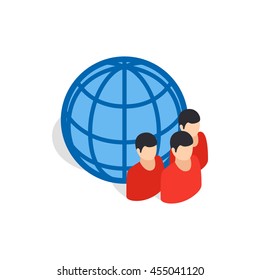 Planet and people icon in isometric 3d style isolated on white background. Development symbol