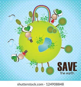 Planet with people rainbow and trees. Save the earth illustration