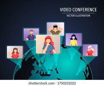 Planet and people talking by internet. Video conferencing, Online meeting, Distance working and learning, communication concept. Vector illustration for poster, banner, commercial, advertising.