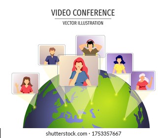 El planeta y la gente hablando por internet. Videoconferencia, reunión en línea, trabajo a distancia y aprendizaje, concepto de comunicación. Ilustración vectorial para afiches, banner, comercial, publicidad.