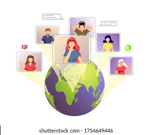 Planet and people talking by internet. Video conferencing, Online meeting, Distance working and learning, communication concept. Vector illustration for poster, banner, commercial, advertising.