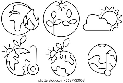 Planet in Peril – Line Icons of Climate Change, Global Risks, and Environmental Impact