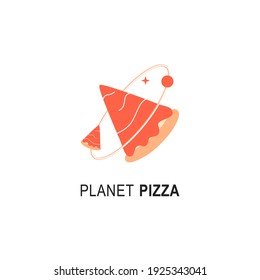 Planet pizza logo for cafe packaging and restaurant menu. Fast food logo with modern flat style vector illustration. Pizza slice logo for Italian pizzeria with minimalistic flat style pizza restaurant