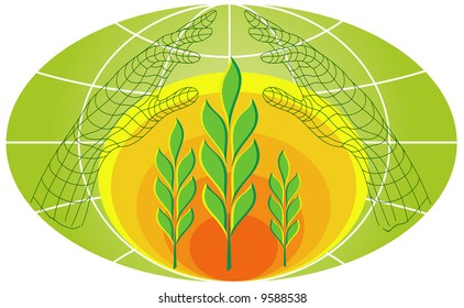 Planet with plants and sun in hands, ecology