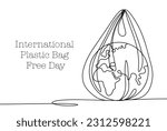 Planet in a plastic bag. Pollution of the environment with polyethylene. International Plastic Bag Free Day. One line drawing for different uses. Vector illustration.